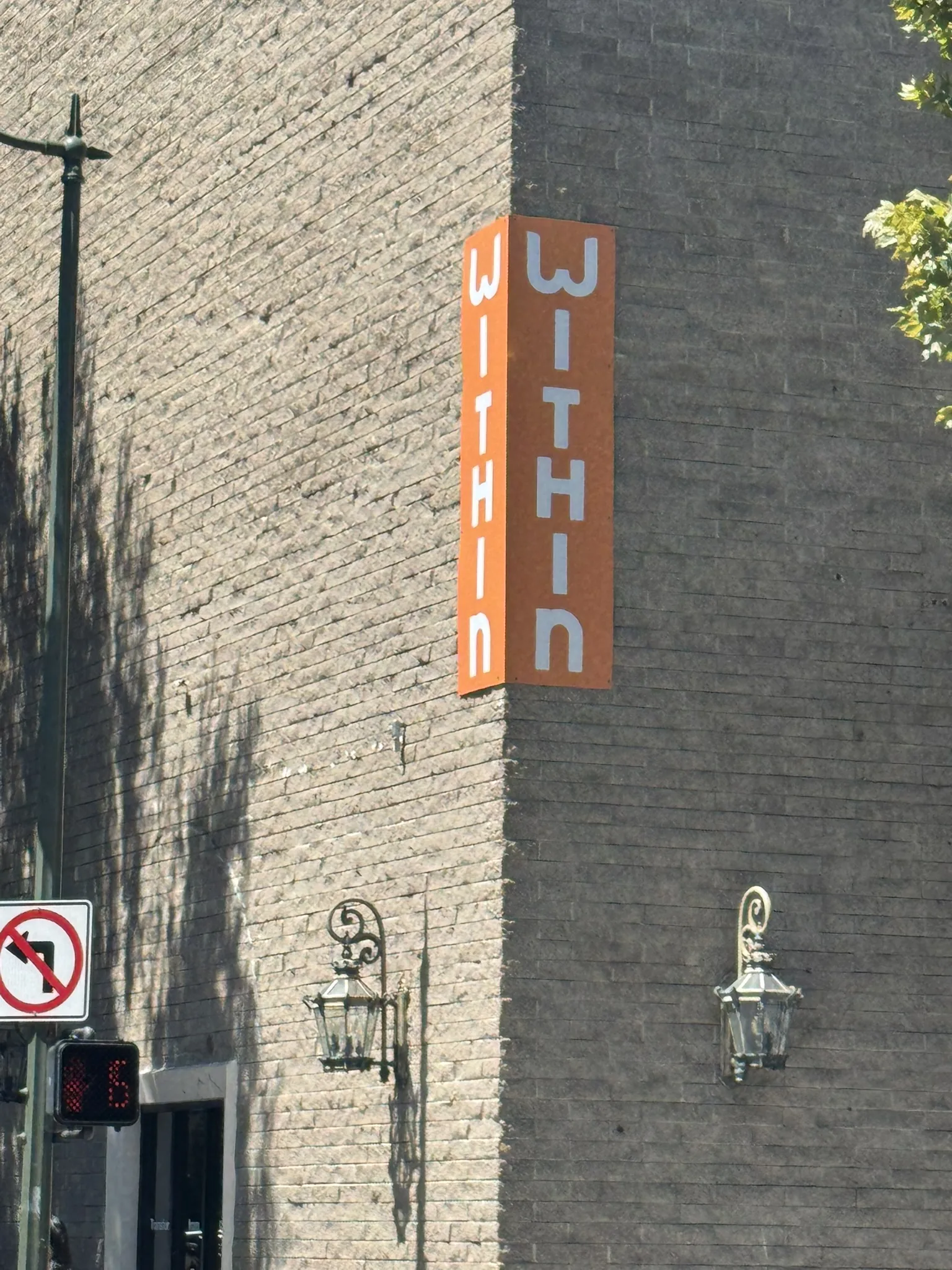 Corner-mounted Dibond digital print blade sign — Within — Clear Line Signs Palo Alto