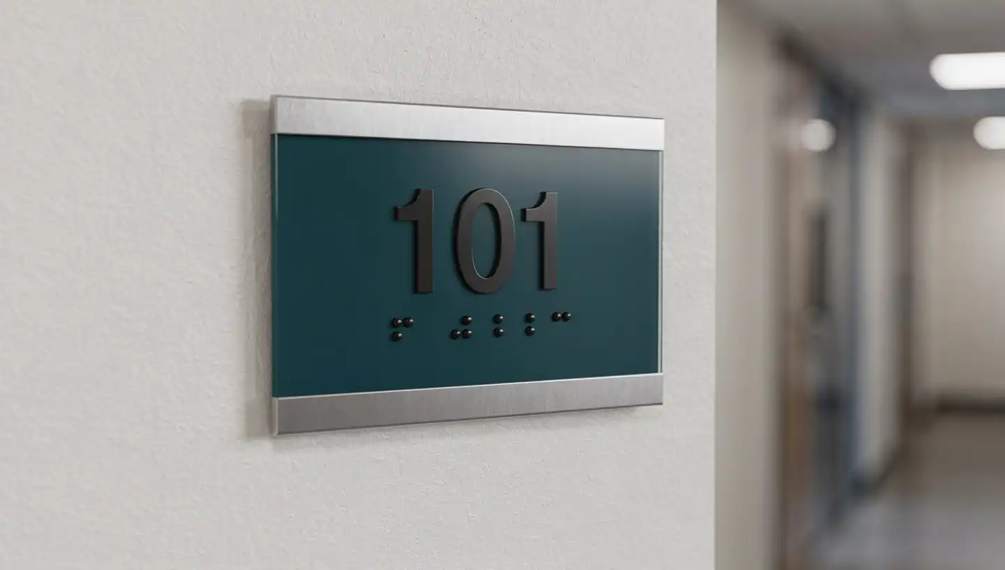 ADA-compliant acrylic room sign with Braille and tactile characters in a San Jose office corridor
