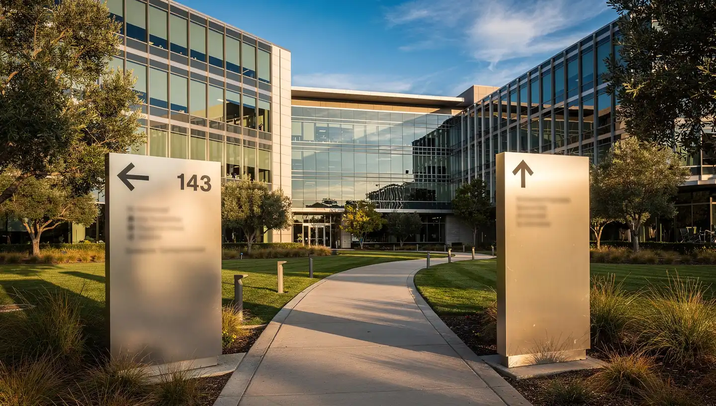Large format exterior wayfinding signs on a Silicon Valley corporate campus pathway