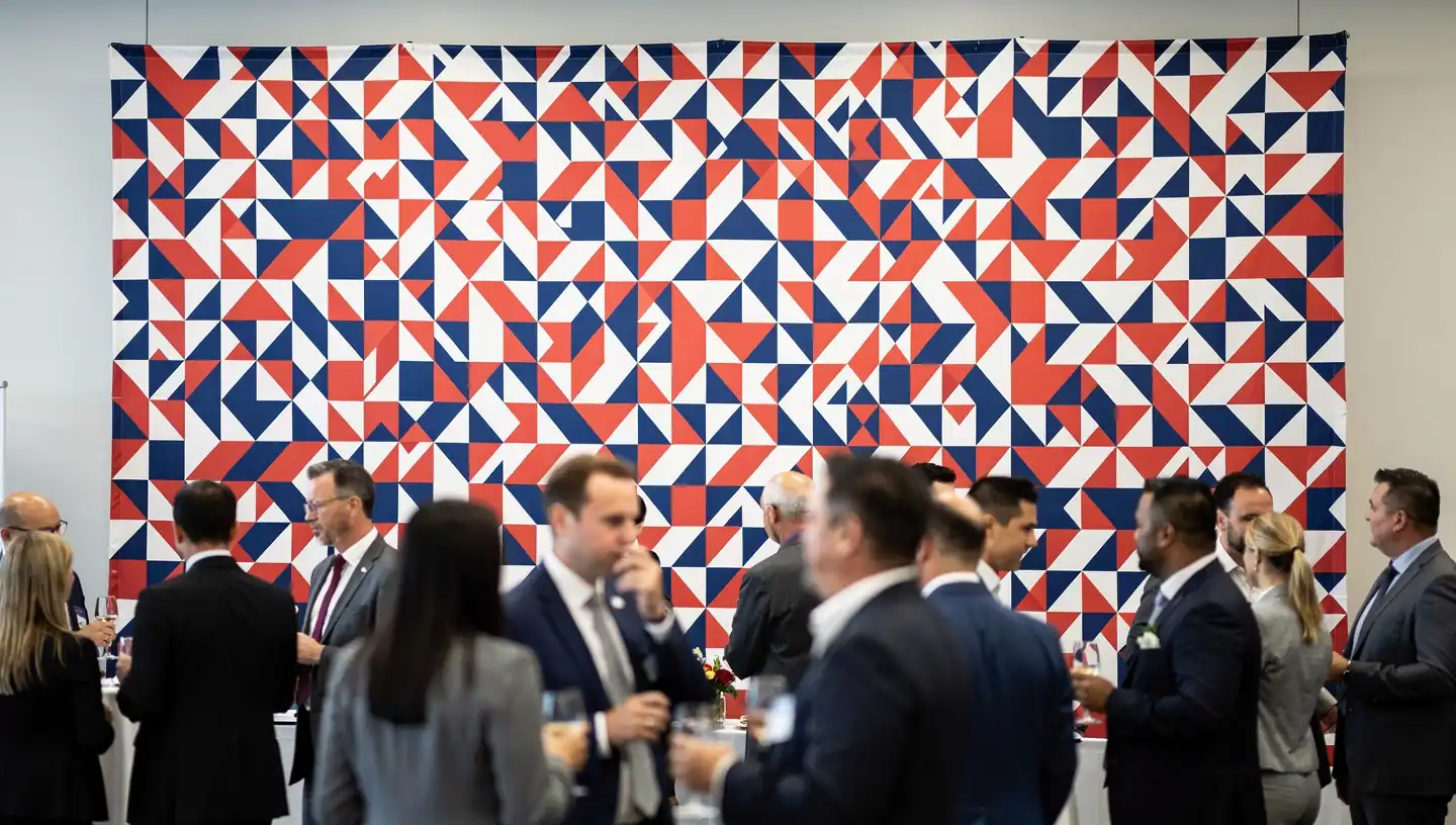 Corporate event fabric backdrop in red, white, and blue geometric pattern
